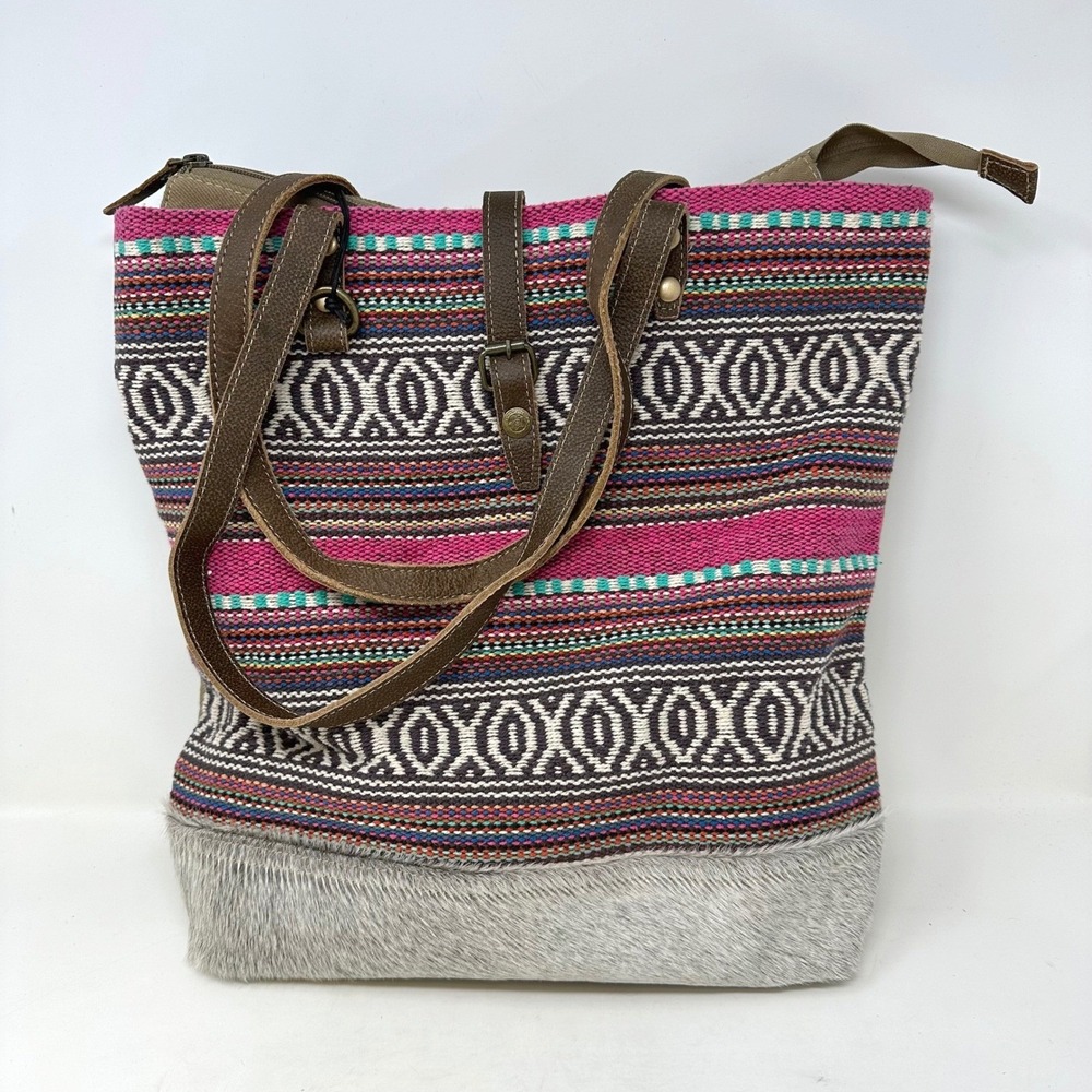 Myra Bag Woven Aztec & Fur Upcycled Large Tote‎ Bag